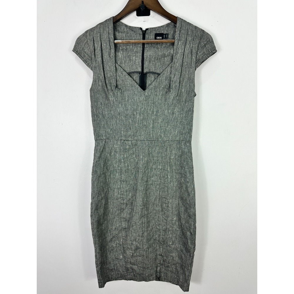 ASOS Dress Women 6 Grey Linen Blend Cap Sleeve Sheath Workwear Pencil Midi